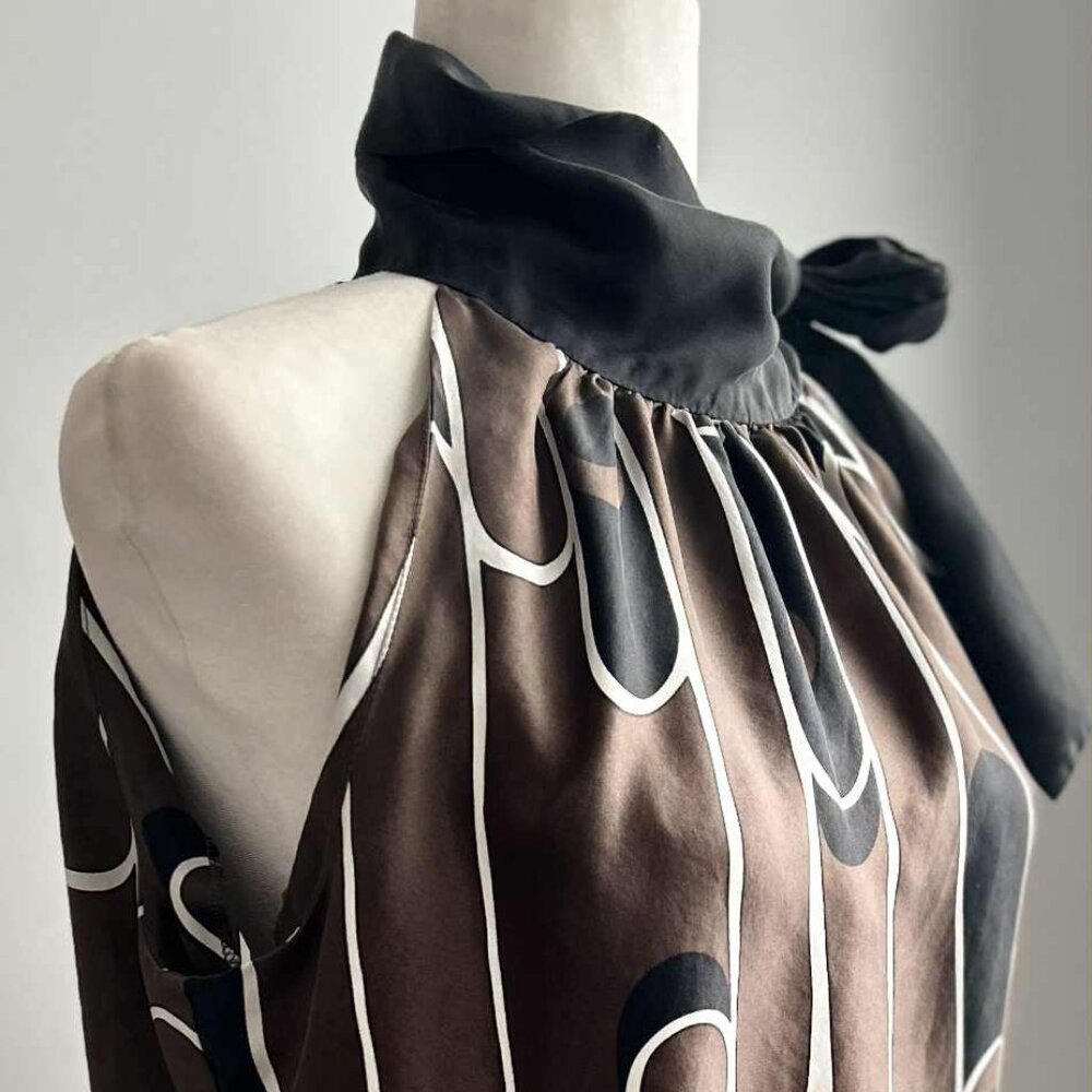 Zara Basic Pure Silk Cocoa & Black Abstract Tie-Neck Halter Blouse – US L